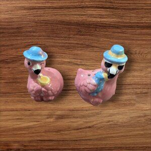 Pink Flamingo Salt & Pepper Shaker Set  Hats Cute Décor Ceramic 3" Tall beach ne